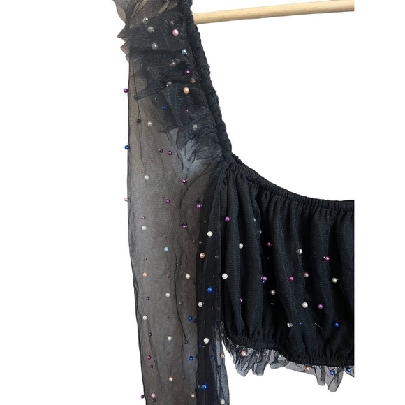 CAMILA Coelho Revolve Suza Crop Mesh Sleeve Top in Black Multi Pearl Dot Large - Picture 5 of 8